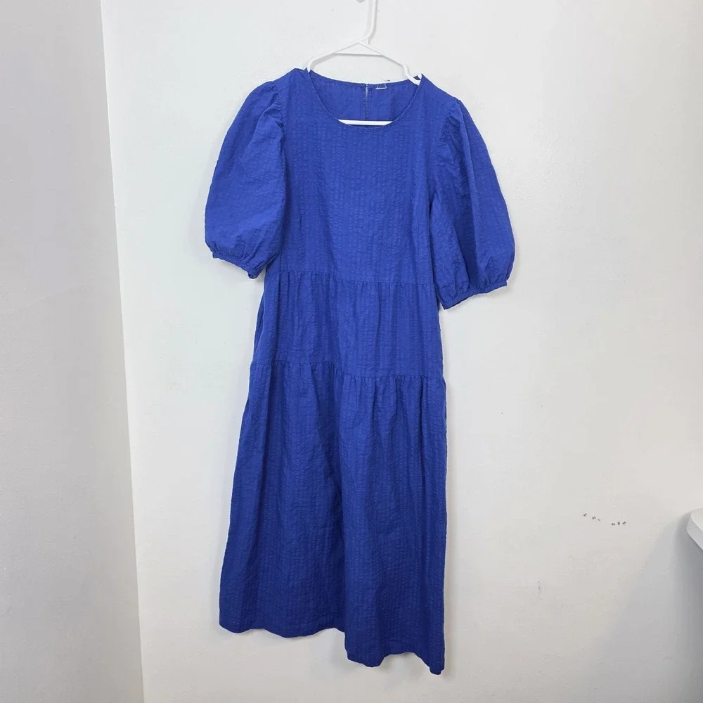 Old Navy Blue Puff Sleeve Tiered All Day Cottagecore Midi Swing Dress Size M - Picture 2 of 8